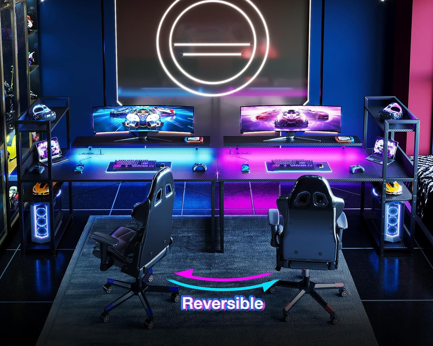 55 Inch Reversible Gaming Desk USB Charging LED Lights