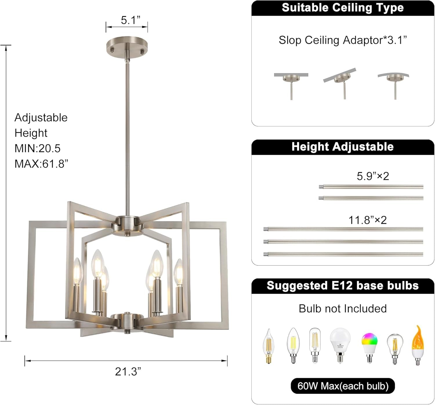 6 Light Brushed Nickel Geometric Chandelier Kitchen-3