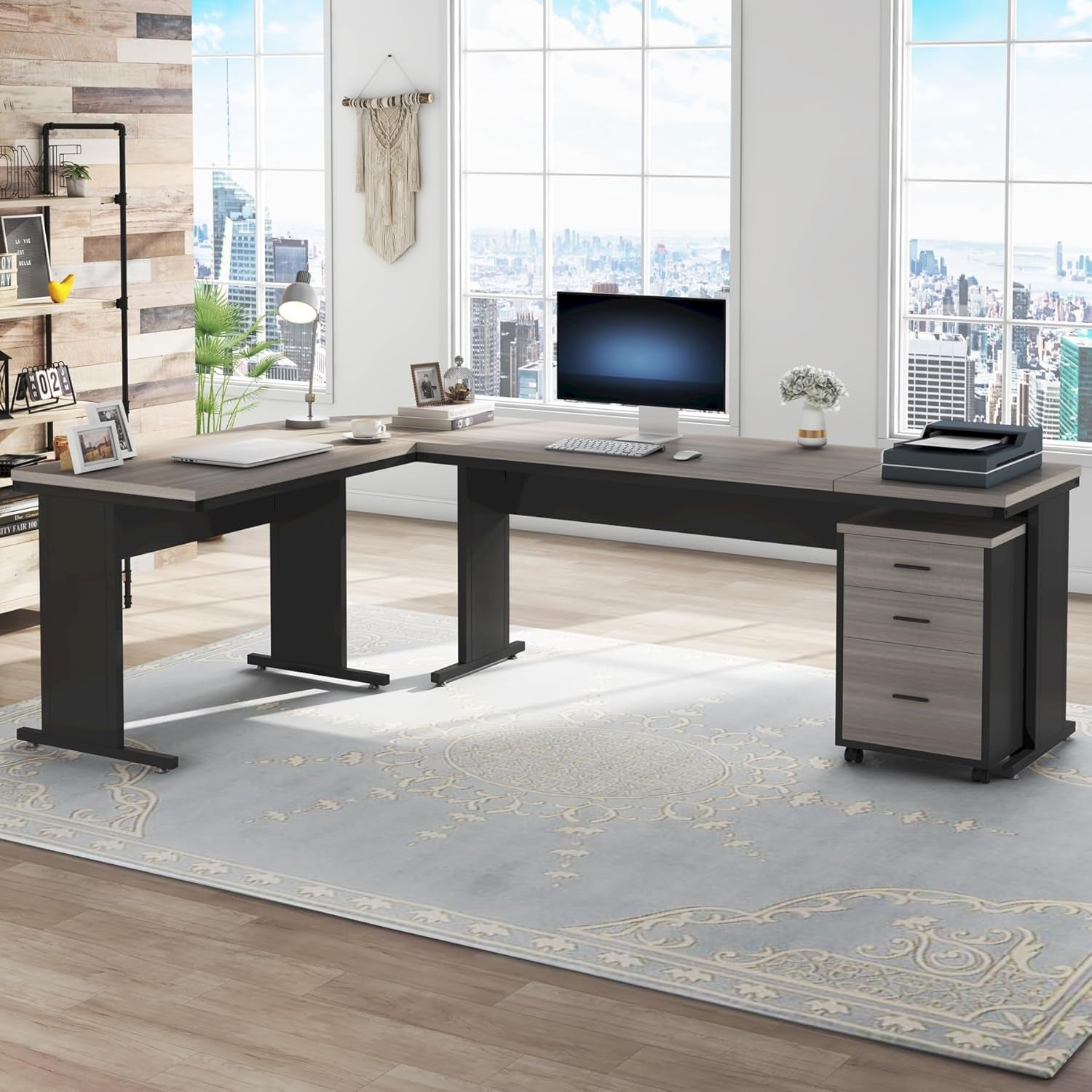83 Inch L Shaped Desk With Gray Three Drawer File Cabinet