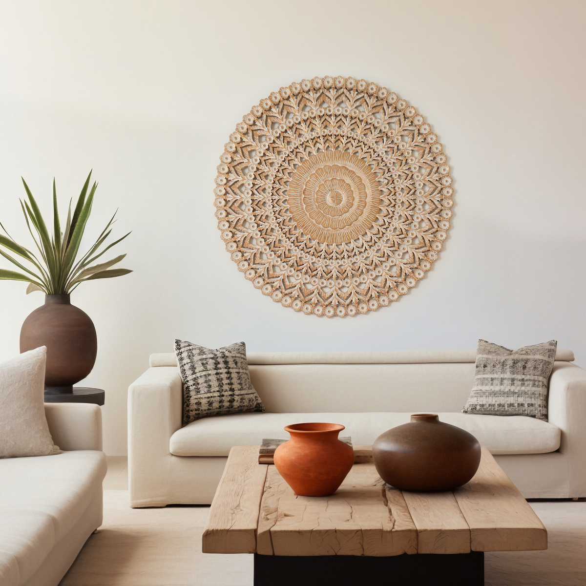Wooden Floral Hand Carved Mandala Round Wall Decor - 48"