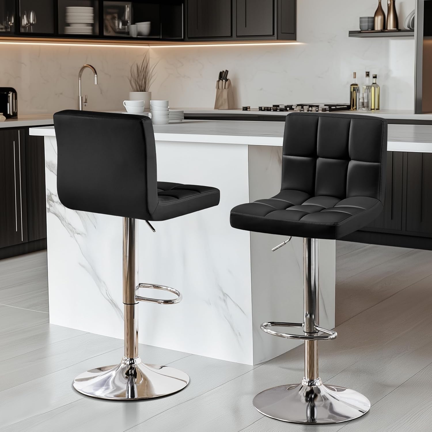 Set Of 2 Adjustable Black PU Leather Swivel Bar Stools