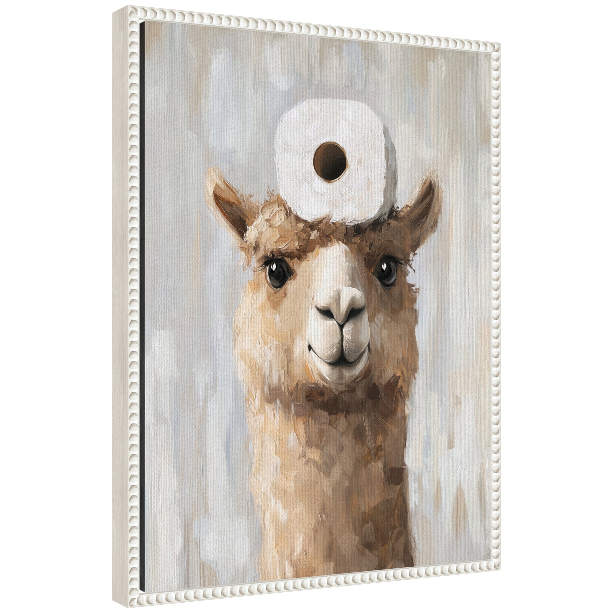 Sylvie Toilet Paper Roll on Cute Alpaca Head Bathroom Art Framed Canvas by The Creative Bunch Studio