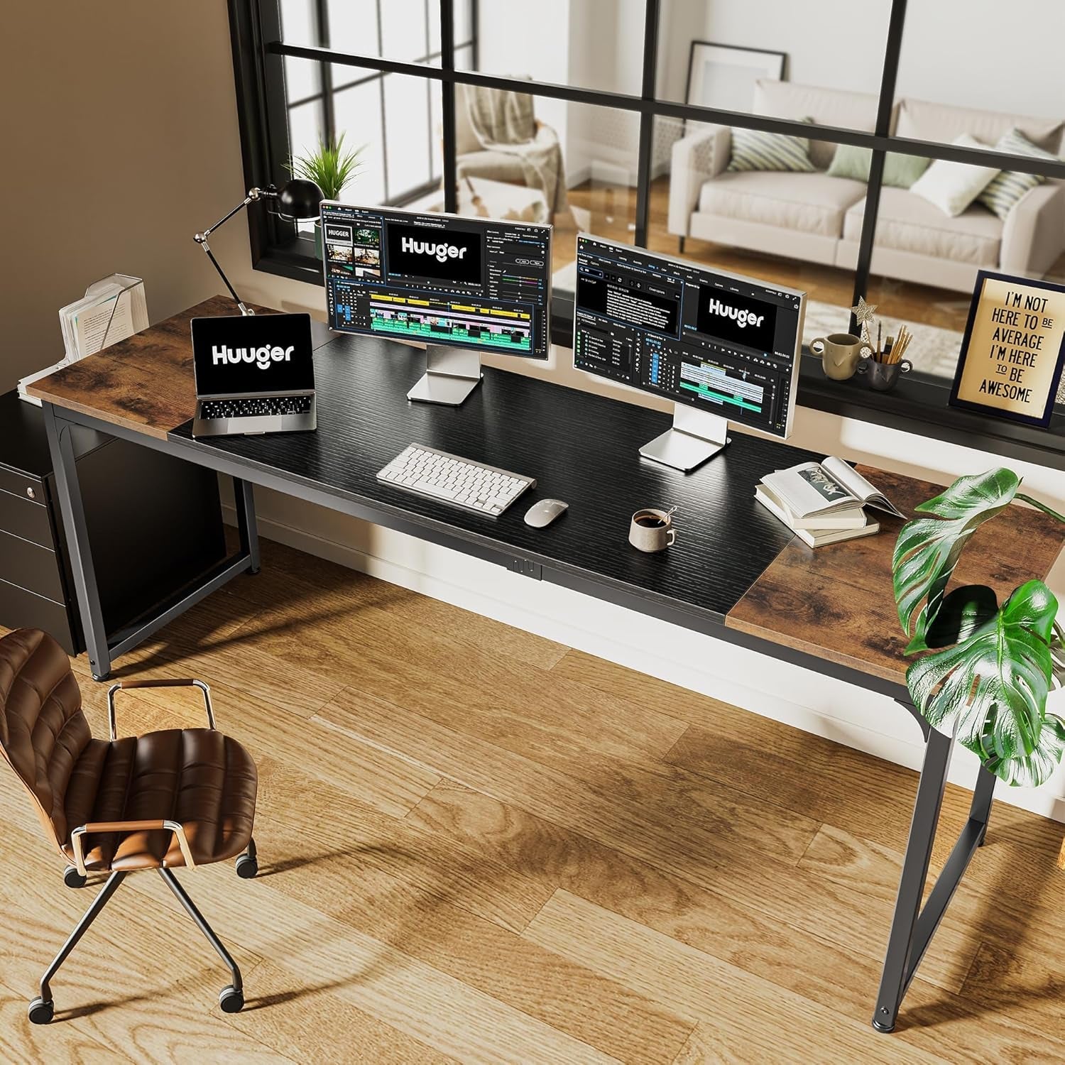 80 Inch Rustic Brown And Black Gaming Desk With Storage