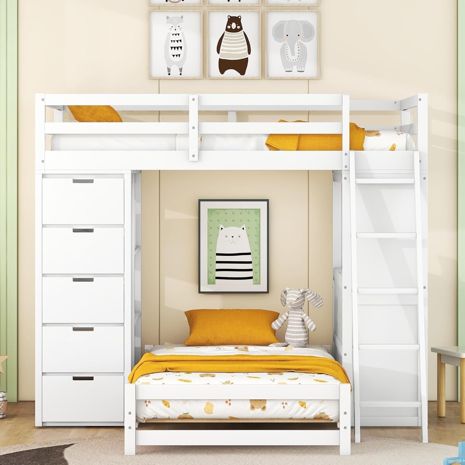 Twin Wood Bunk Bed With LED Light For Dorm Space Saving