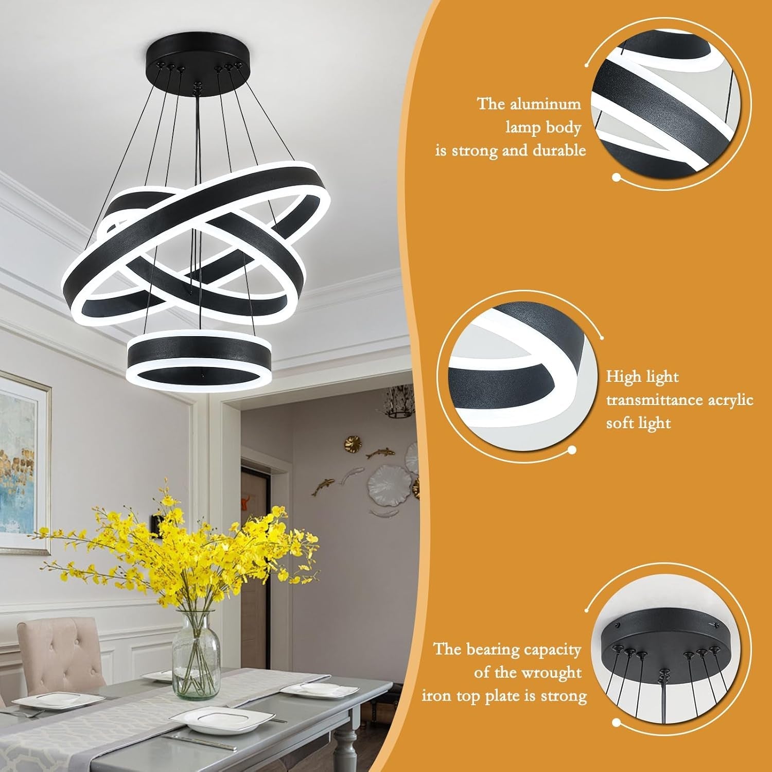 Black Adjustable LED Three Ring Pendant Light Fixture-4