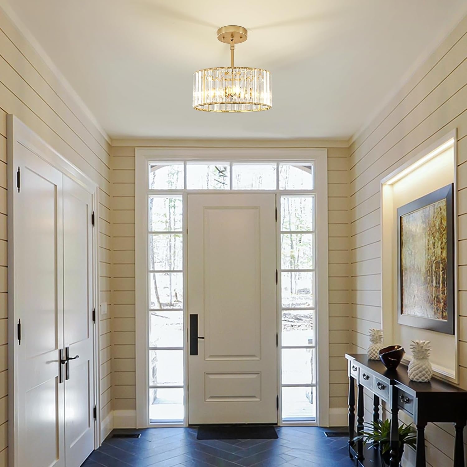 Gold Crystal Chandelier 11 Inch 3 Light Semi Flush Ceiling-2