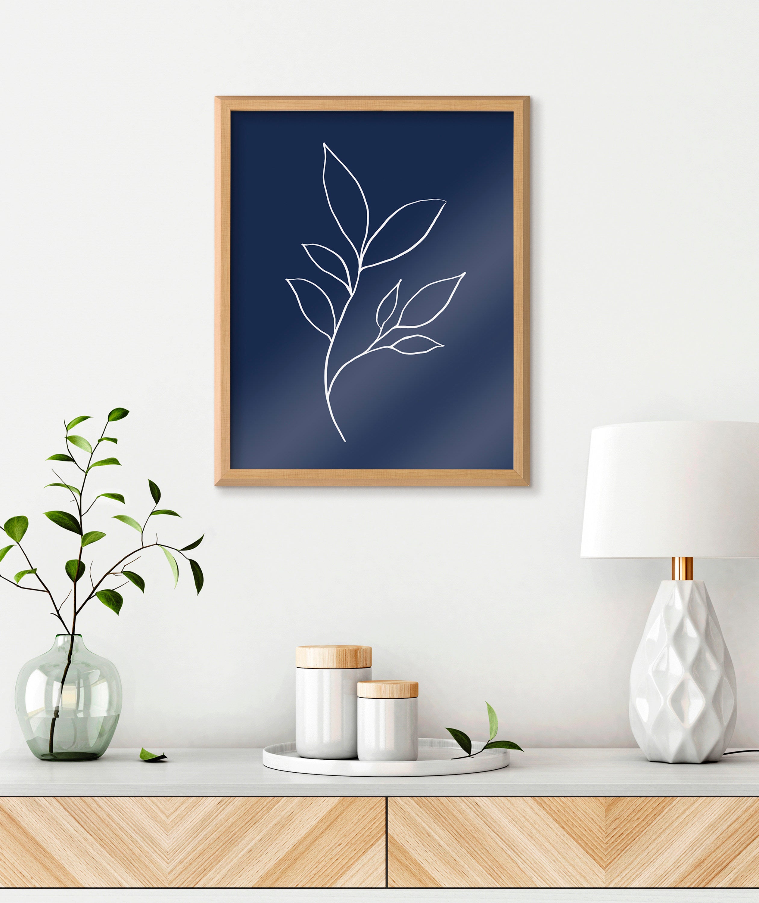 Blake Modern Blue Botanical Line Sketch Print 3 Framed Printed Glass by The Creative Bunch Studio