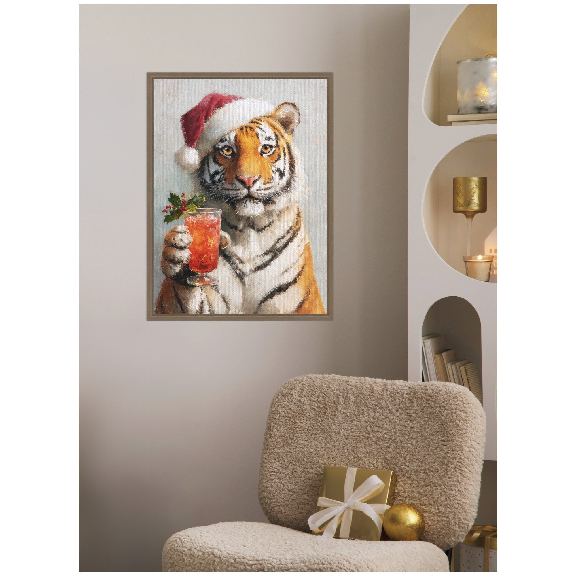 Sylvie Framed Canvas Tiger Festive Cocktail Santa Hat by The Creative Bunch Studio