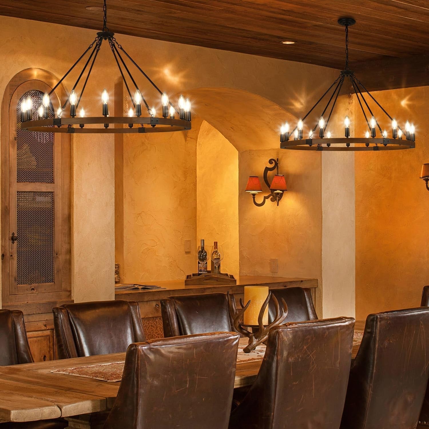 38 Inches Rustic Wooden Wagon Wheel Chandelier Black-4