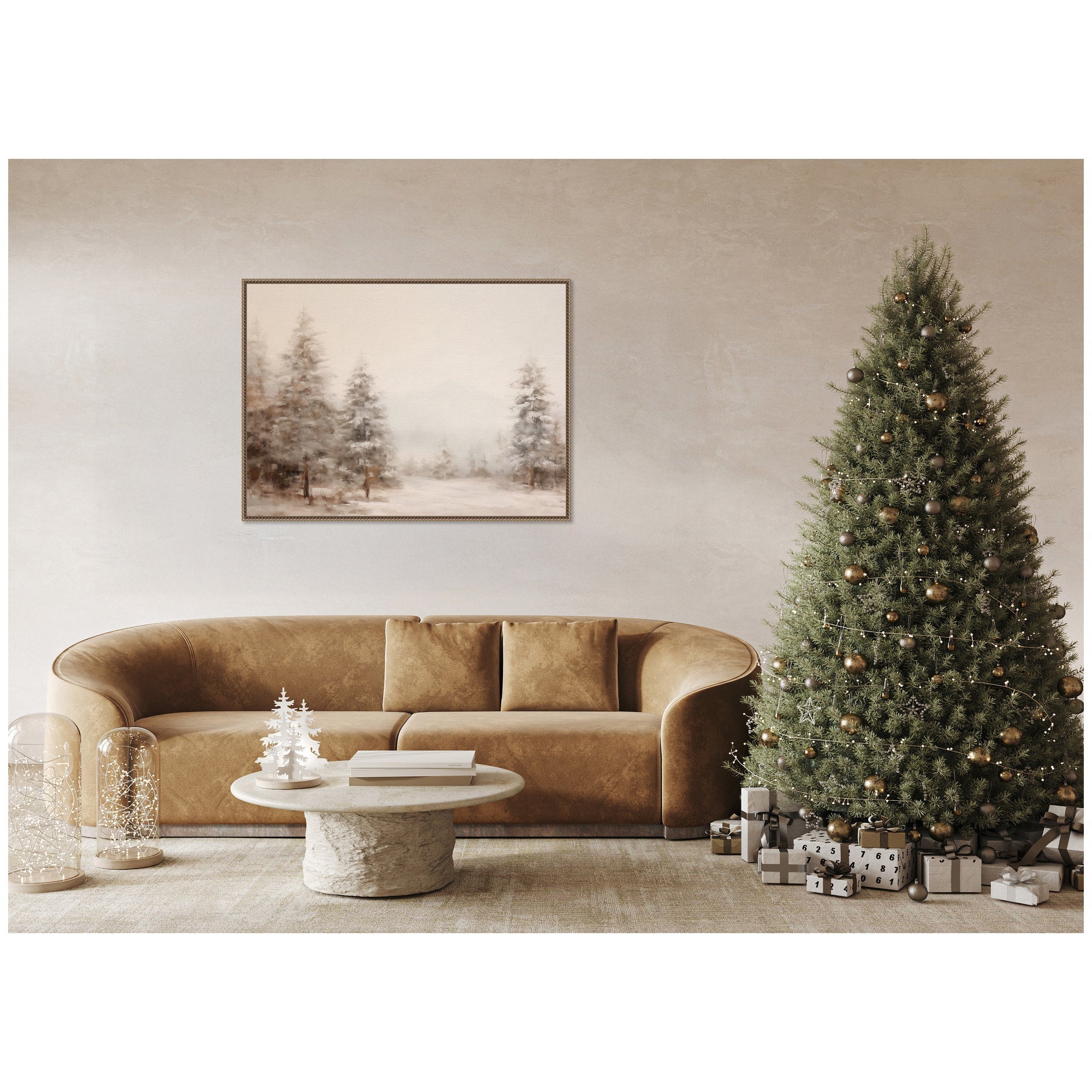 Sylvie Beaded Warm Neutral Winter Forest Landscape Framed Canvas by The Creative Bunch Studio