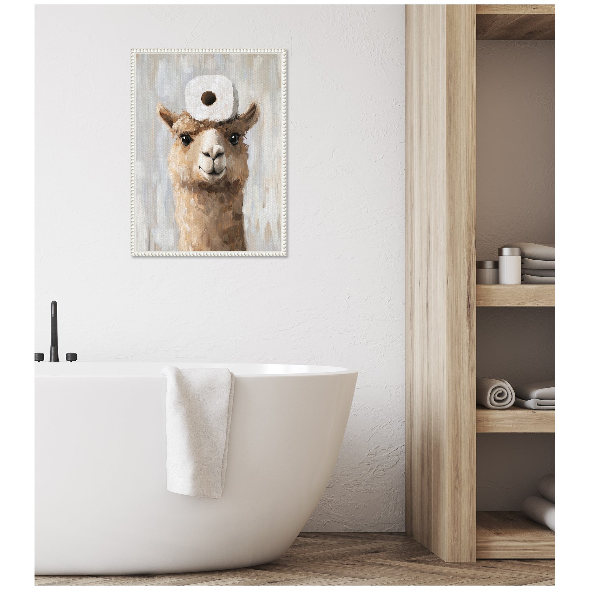Sylvie Toilet Paper Roll on Cute Alpaca Head Bathroom Art Framed Canvas by The Creative Bunch Studio