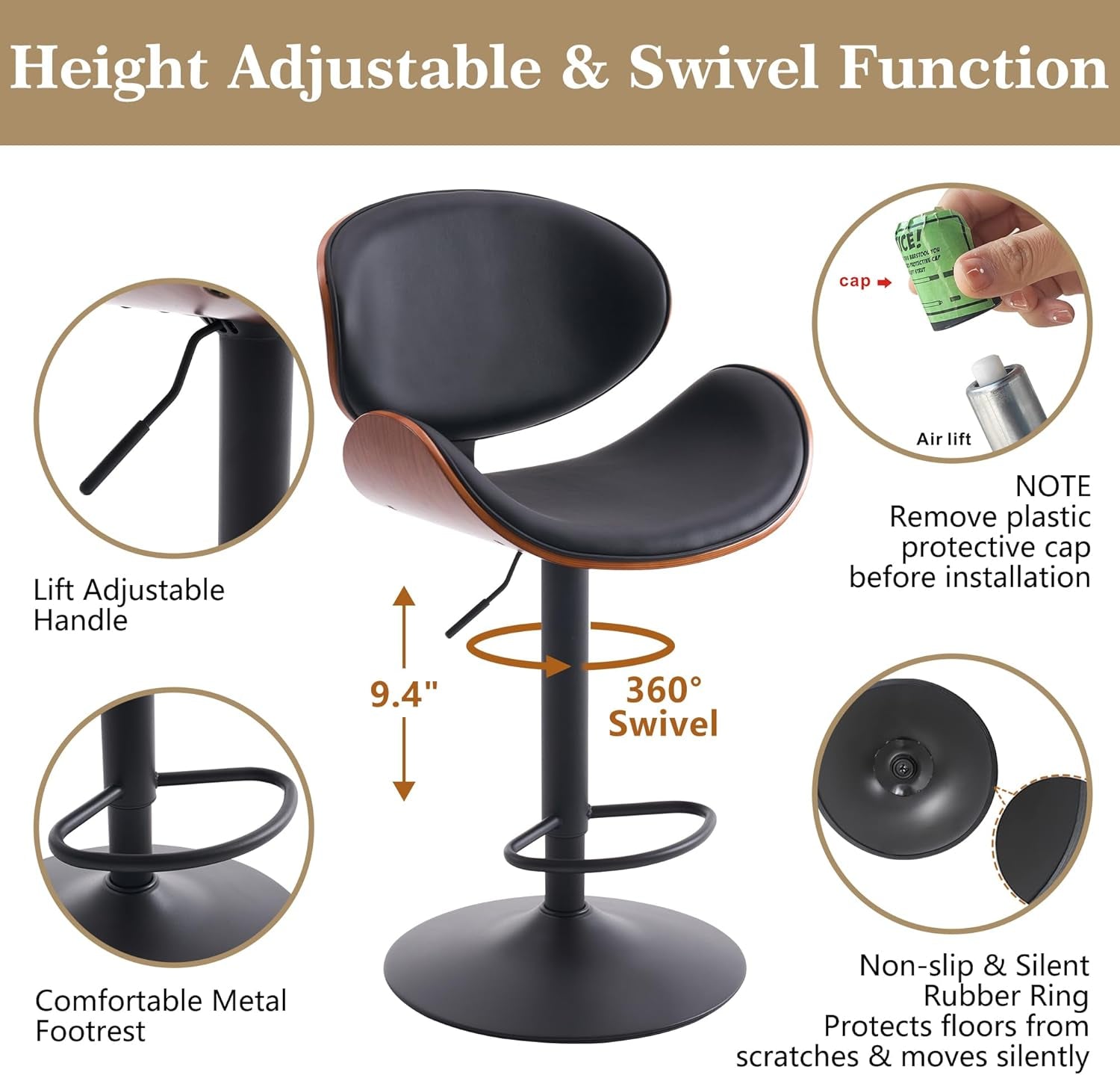 Black PU Leather Bar Stools With Back 21 Inch Wide