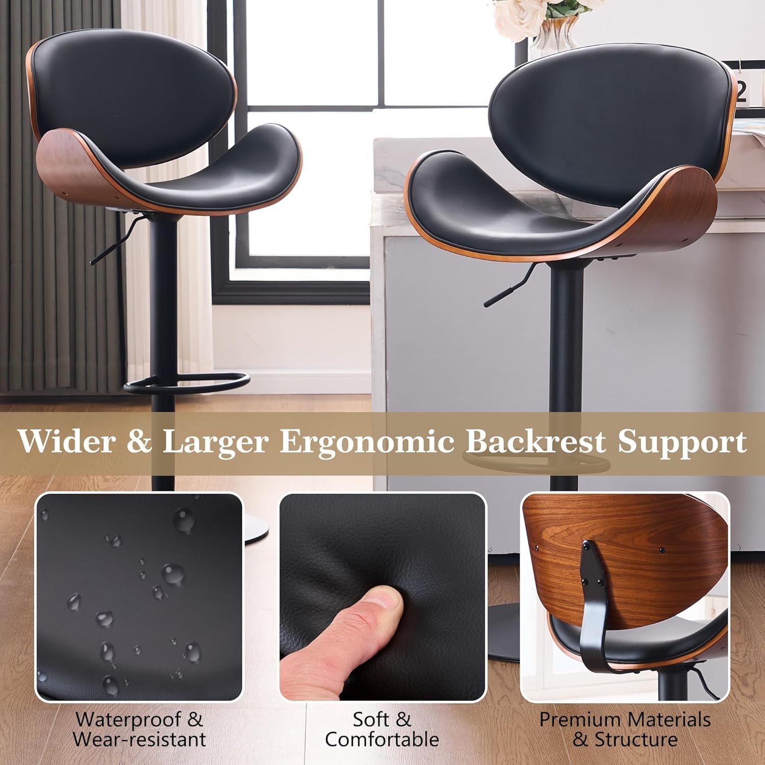 Black PU Leather Bar Stools With Back 21 Inch Wide