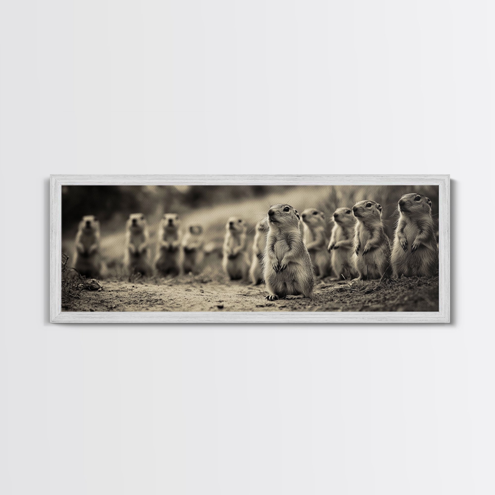 Prairie Dogs, Whimsical Critters, Nature Gathered, Canvas Print, Kids Room Art, Cute Animal Decor, Playful Black and White Art