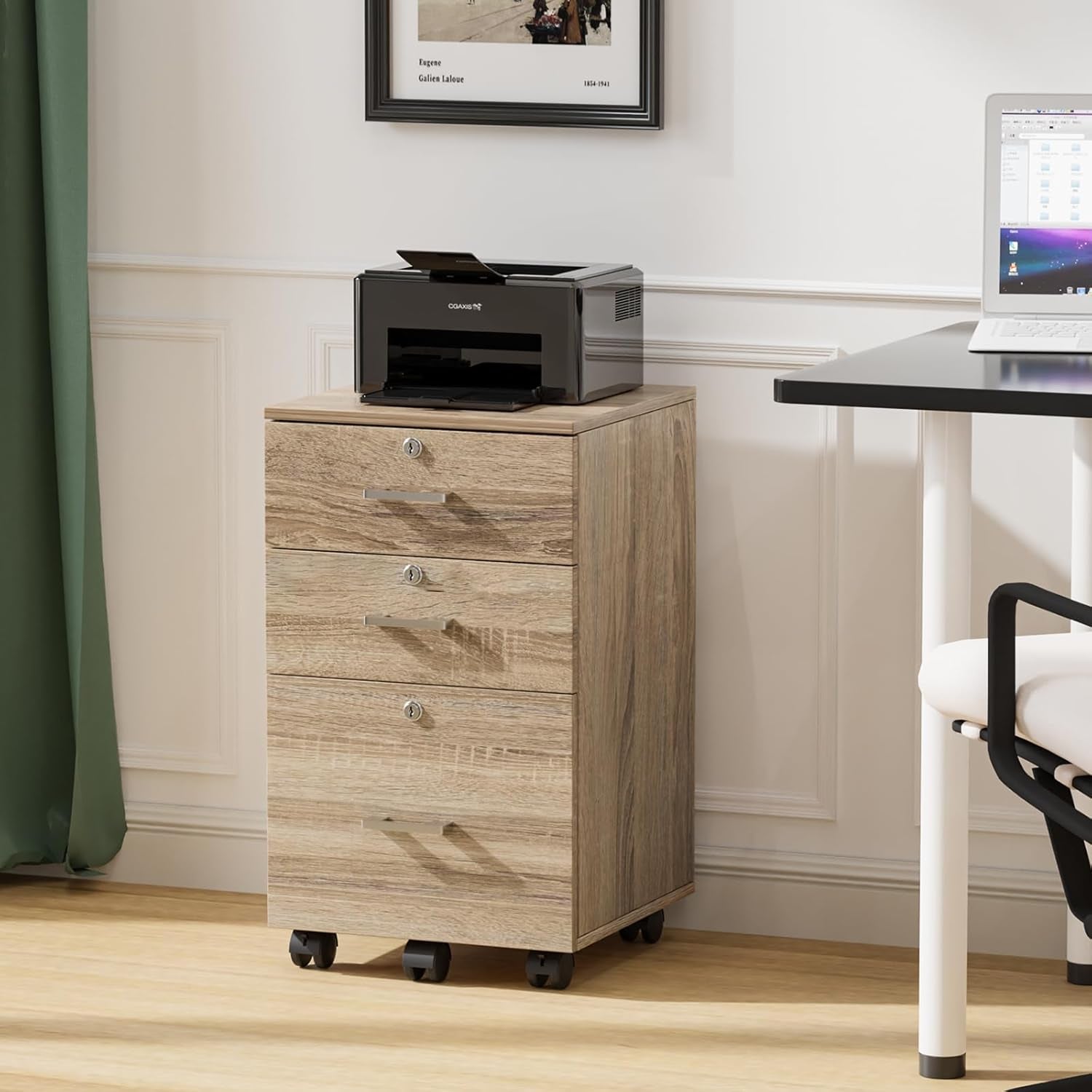 Oak 3 Drawer File Cabinet With Lock Rolling Printer Stand