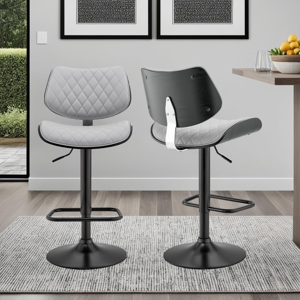 Grey Faux Leather Swivel Bar Stool With Adjustable Height