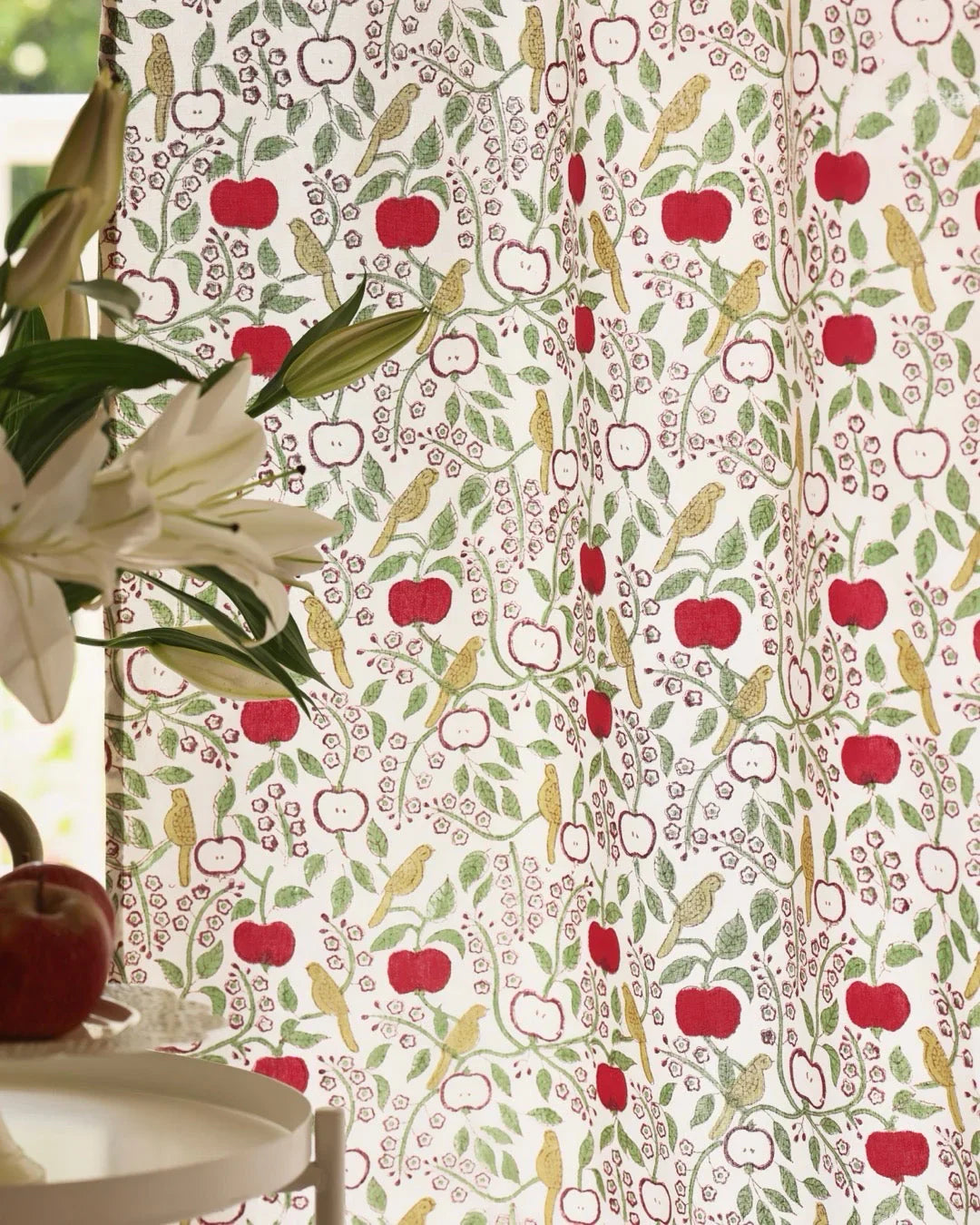 White & Red Hand Block Printed Linen Curtains | Apple & Bird Design-1