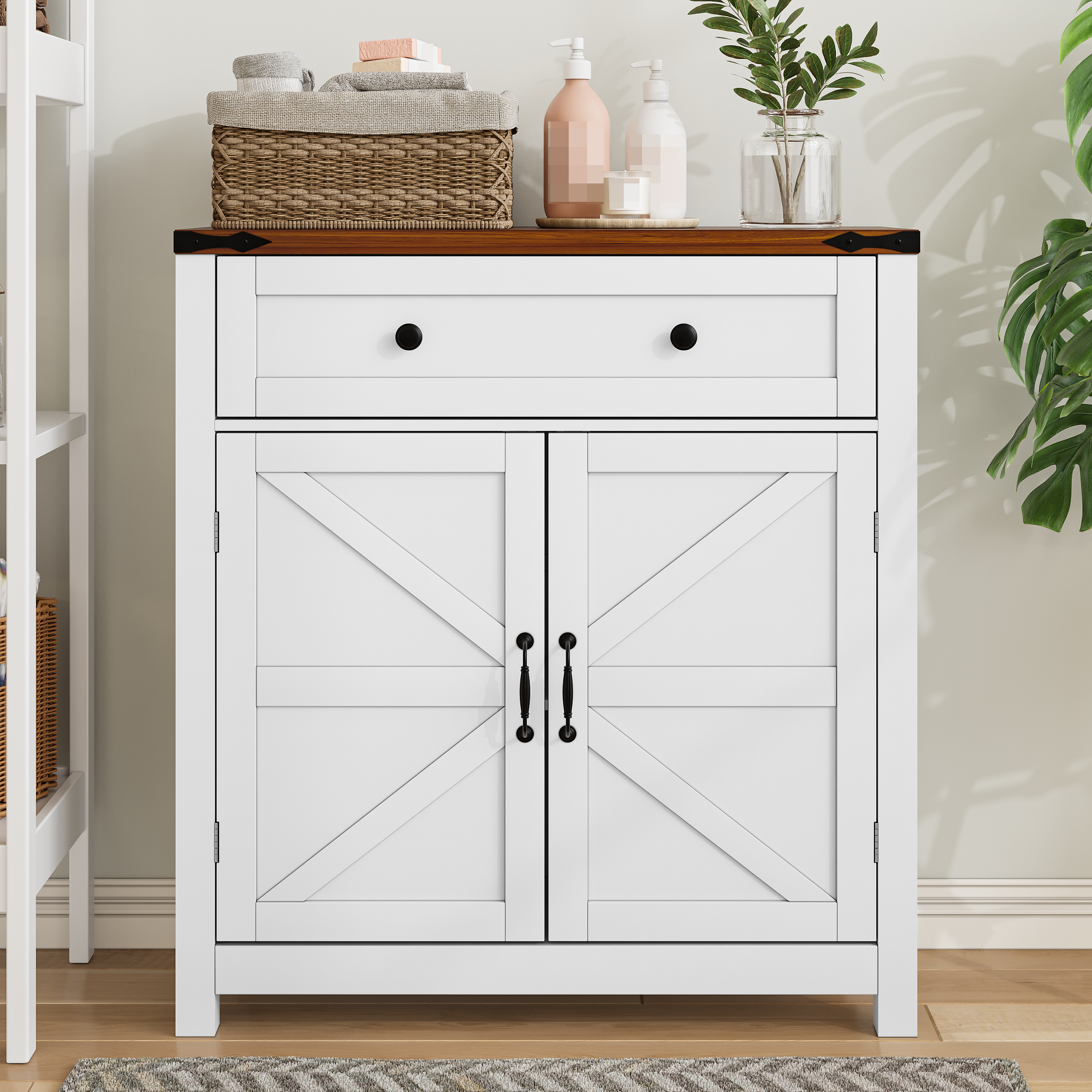 Farmhouse Storage Cabinet With Drawer and Adjustable Shelf