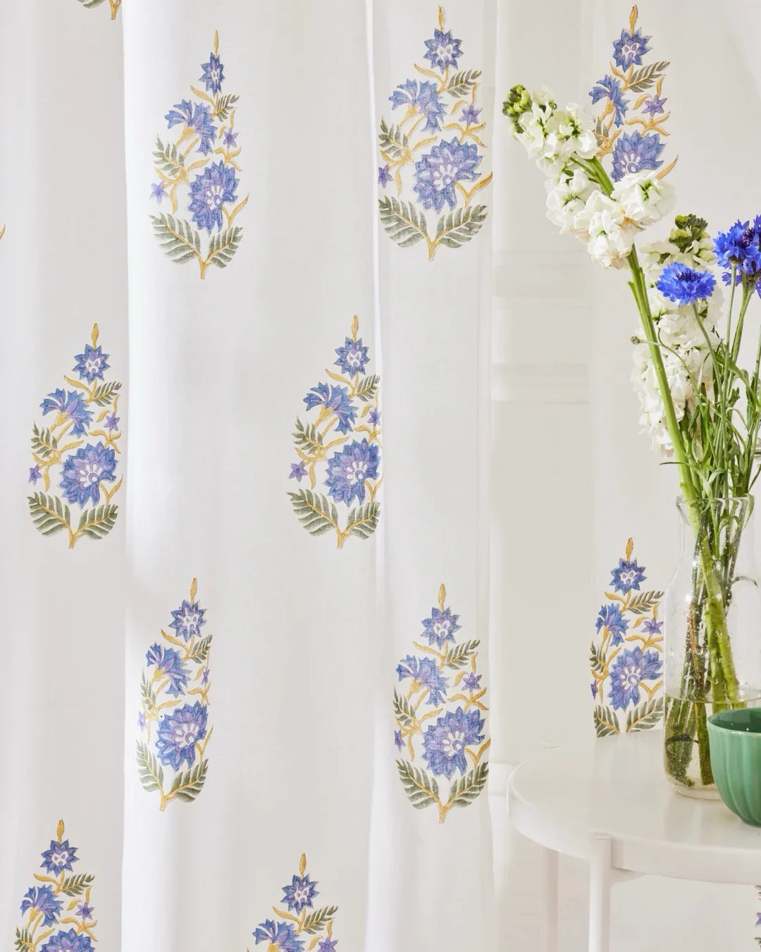 White & Blue Hand Block Printed Linen Curtains | Blue Lotus Design-3