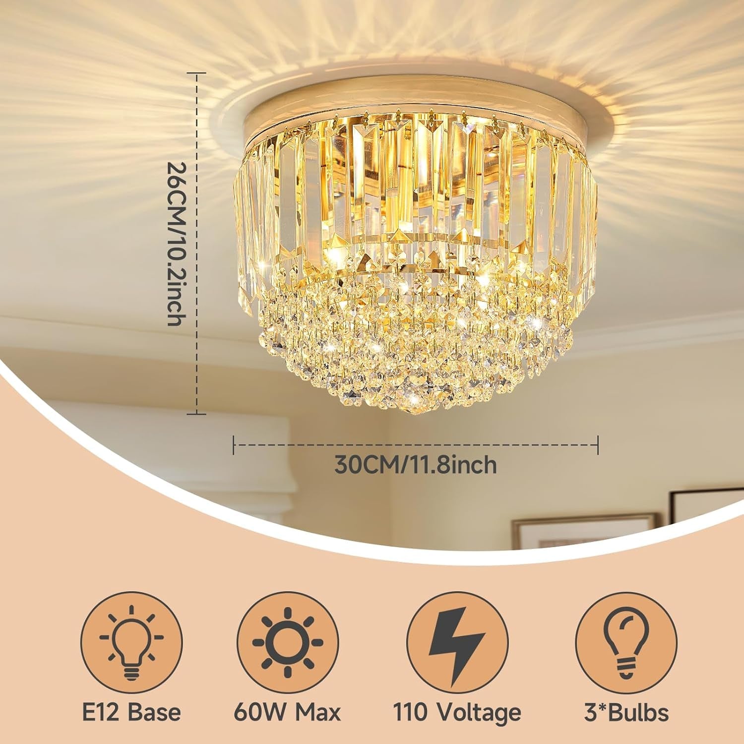 French Gold Crystal Chandelier Eleven Point Eight Inch LED Ceiling-4