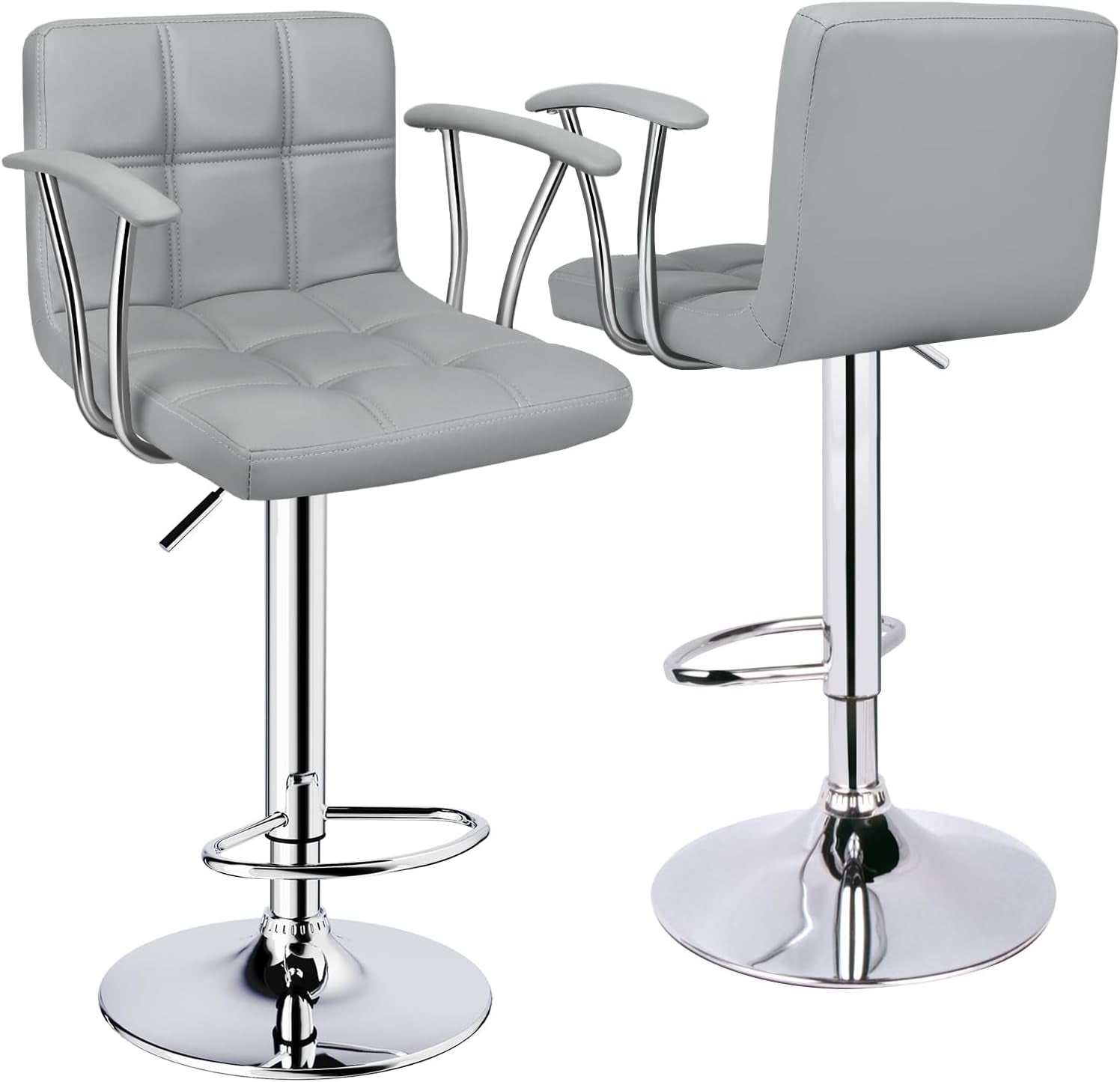 Counter Height Bar Stools Set 2 Armrest Swivel Leather Grey
