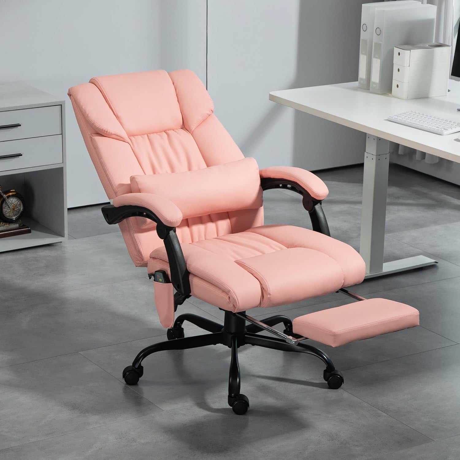 Pink Massage Office Chair With 6 Vibration Points Footrest