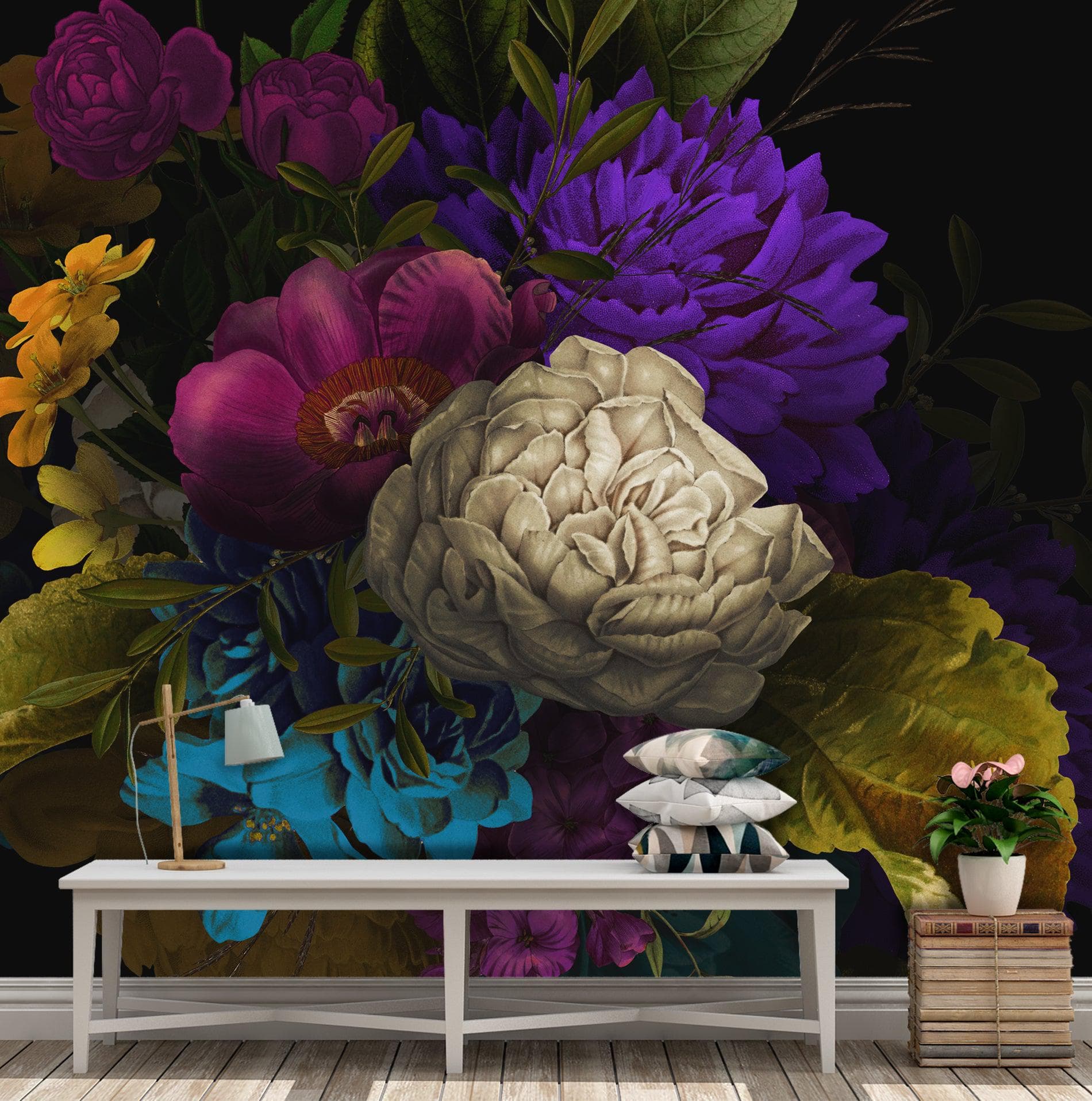 Melancholy Flower Wall Mural. Black background. #6130