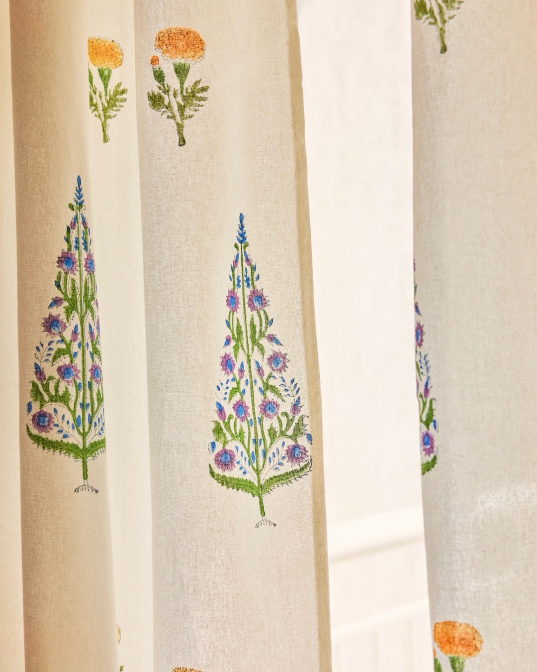 Hand Block Printed Linen Curtains | Tree & Floral Motif | Light Filtering Opaque For Privacy-1