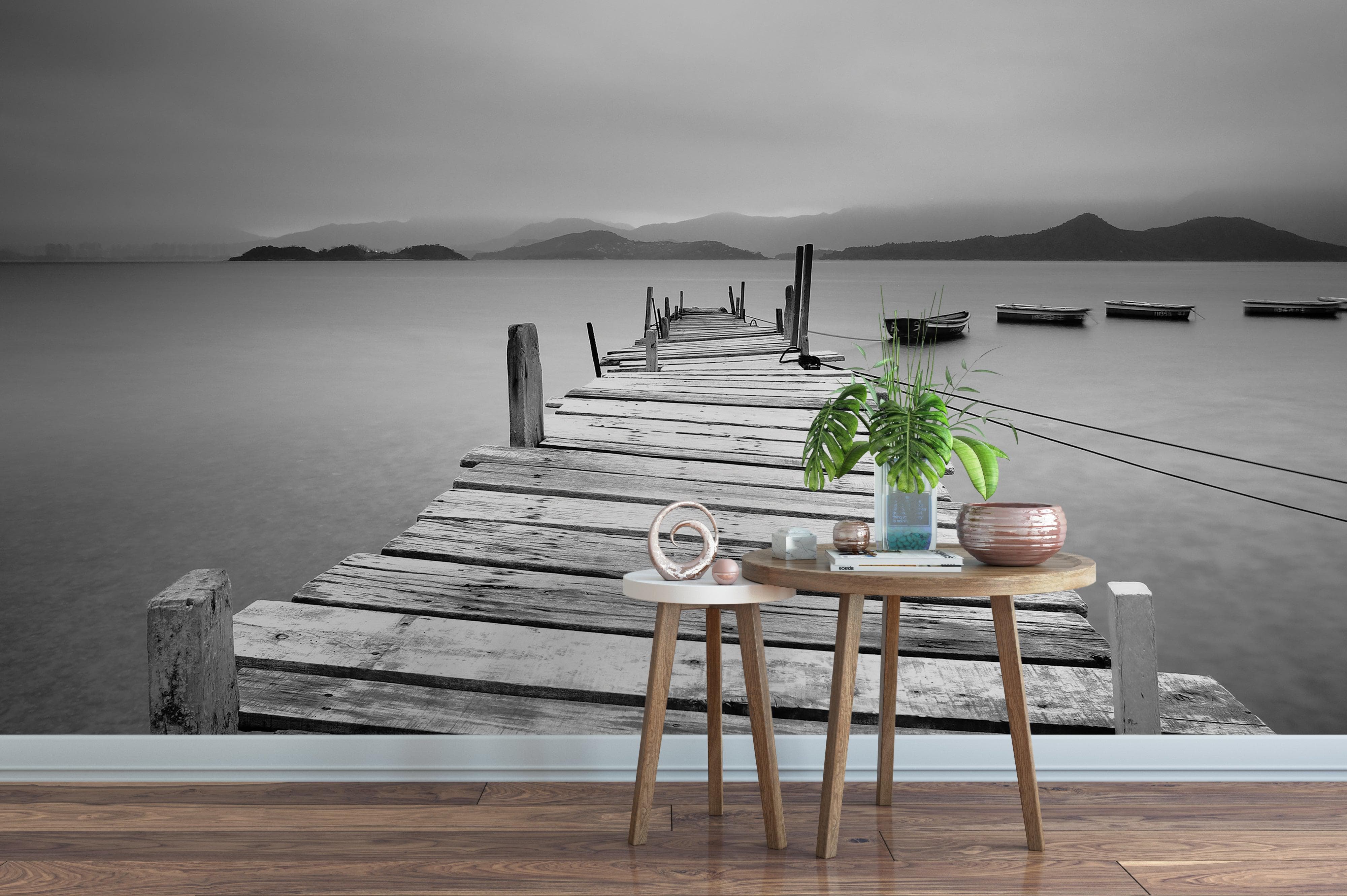 Misty Lake View Boat on Pier Black and White Mural Wall Decal Sticker #6143