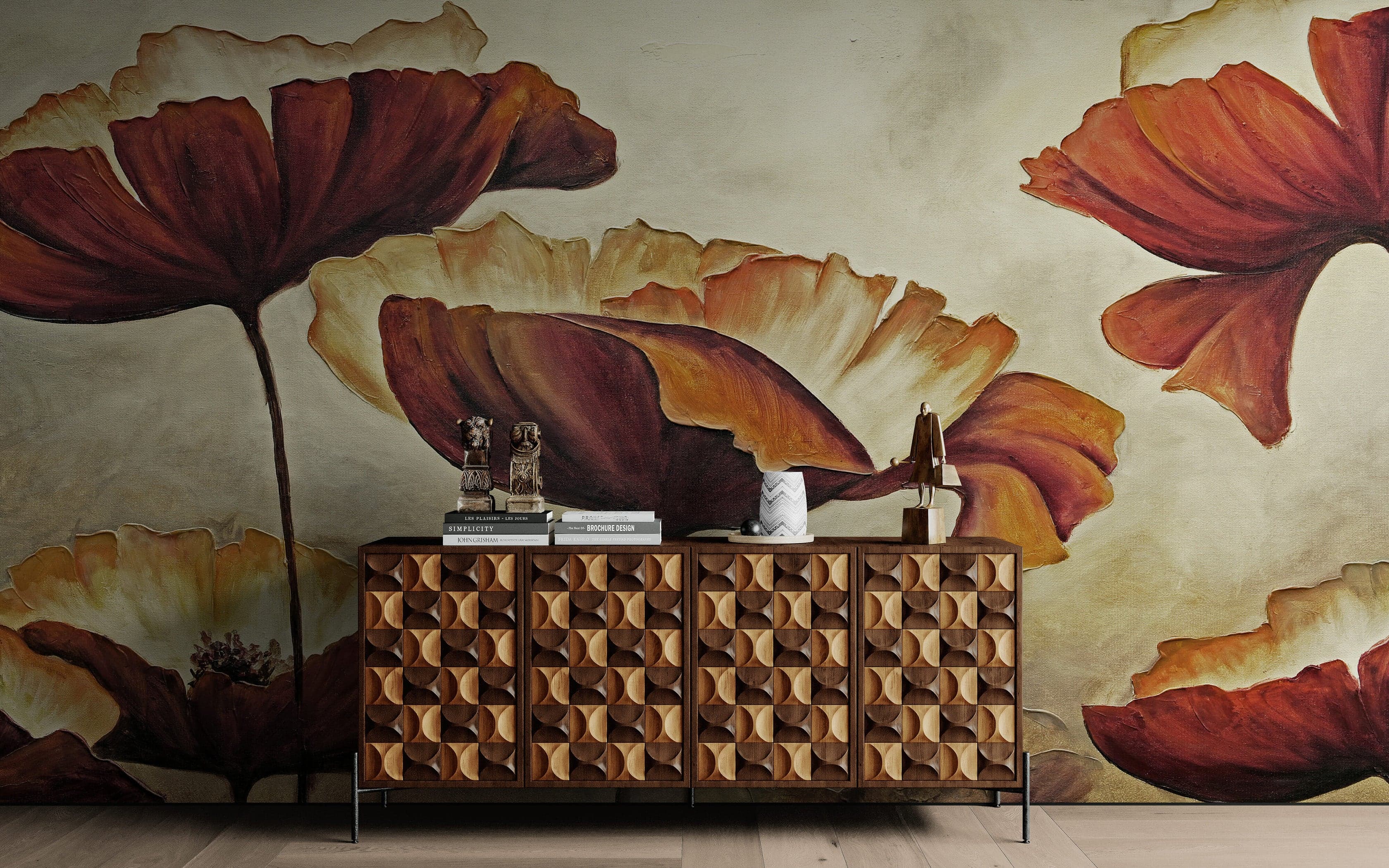 Sepia Poppies Flower Wall Mural. Vintage Botanical Wallpaper. #6155