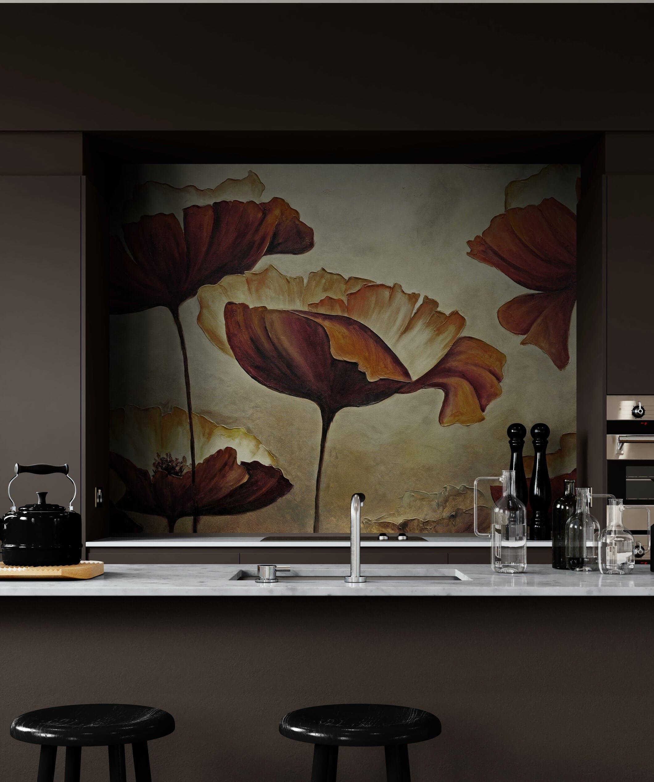 Sepia Poppies Flower Wall Mural. Vintage Botanical Wallpaper. #6155