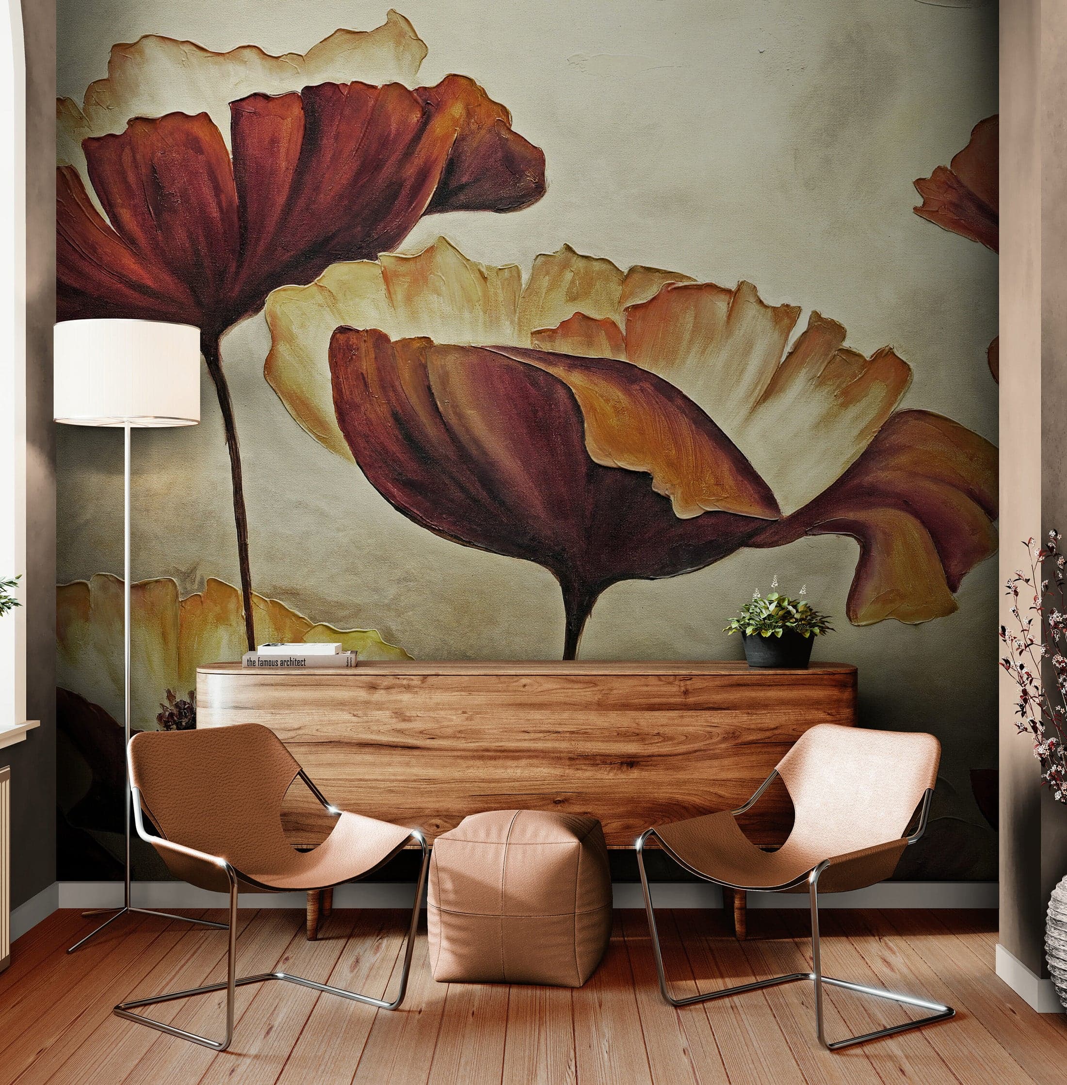 Sepia Poppies Flower Wall Mural. Vintage Botanical Wallpaper. #6155