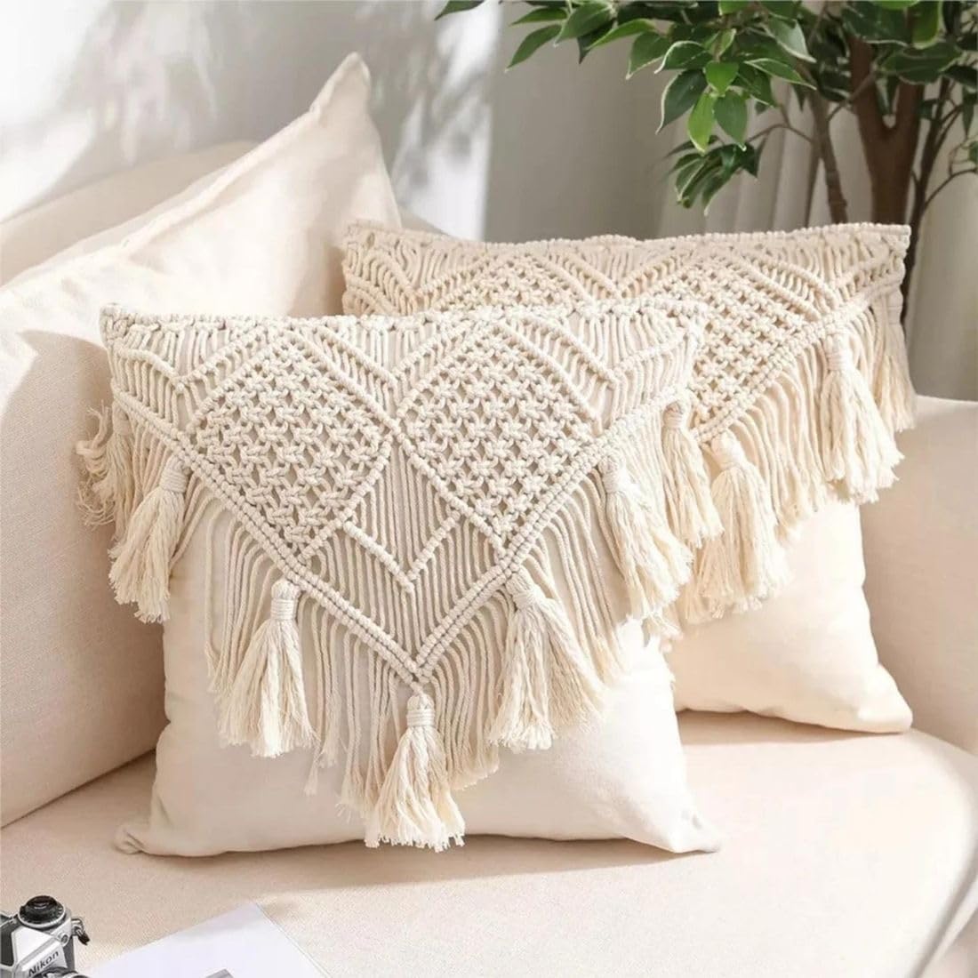 Handmade Macrame Cushion Covers | 40x40cm | Organic Cotton | Boho Style | Off White | Textured-0