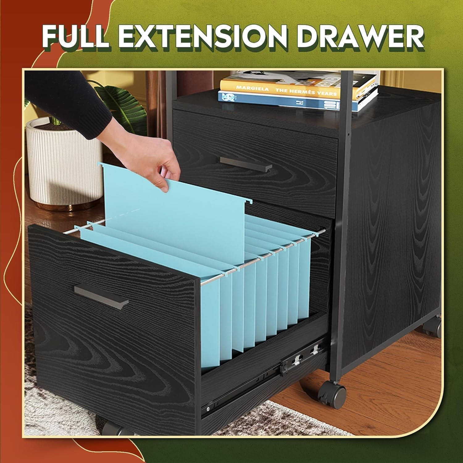 2 Drawer Mobile File Cabinet With Open Storage Shelf Black