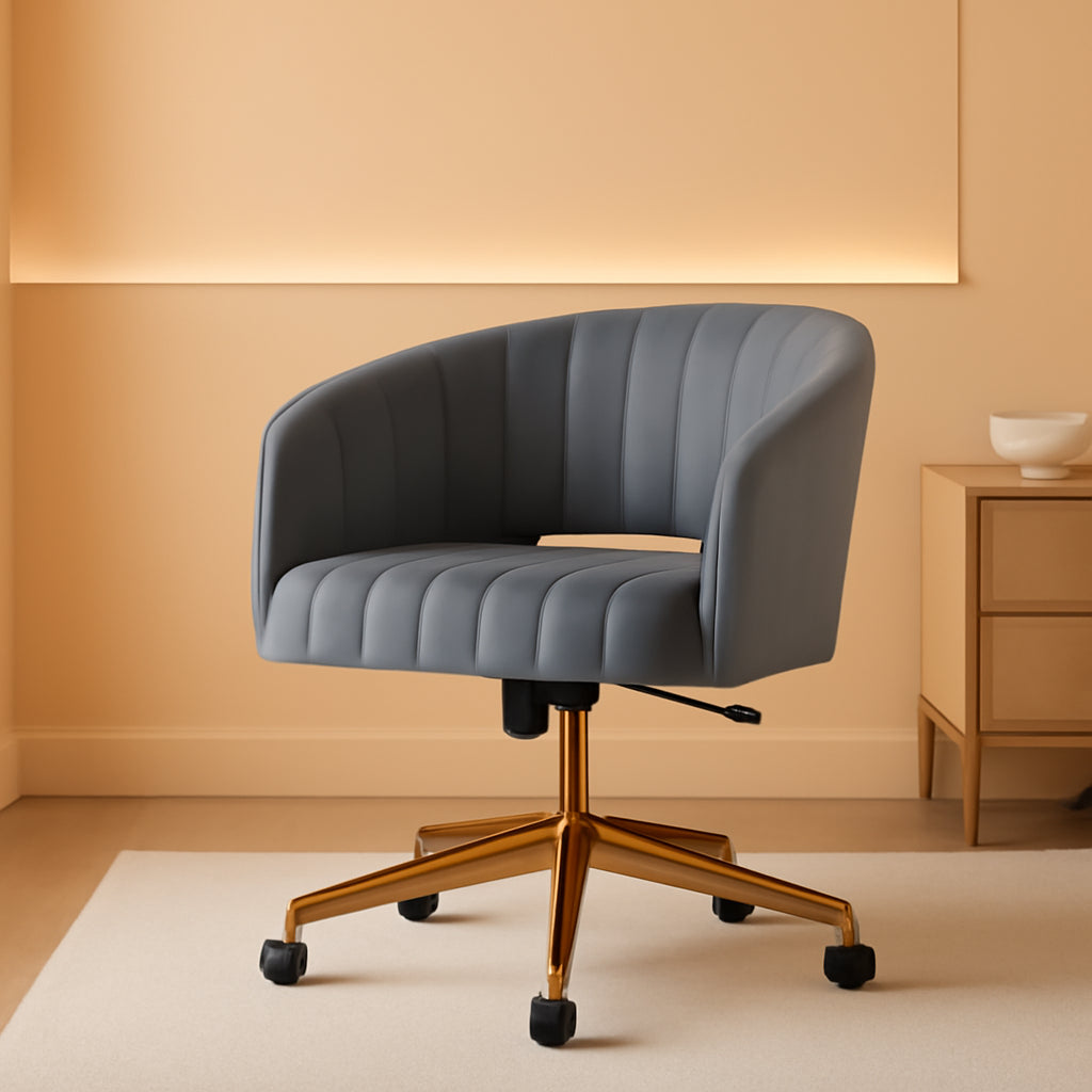 Grey Velvet Home Office Chair With 360 Swivel And Gold Base