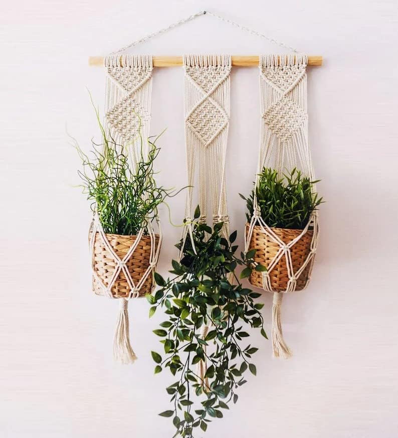 Triple Macrame Plant Hanger - Boho Hanging Wall Planter - Indoor Decor-0