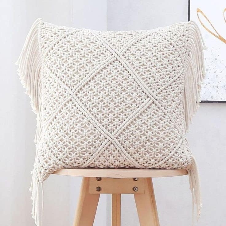 Handmade Macrame Cushion Cover | Cotton Cushion Cover with Fringes | 40x40cm | Boho Decor-0
