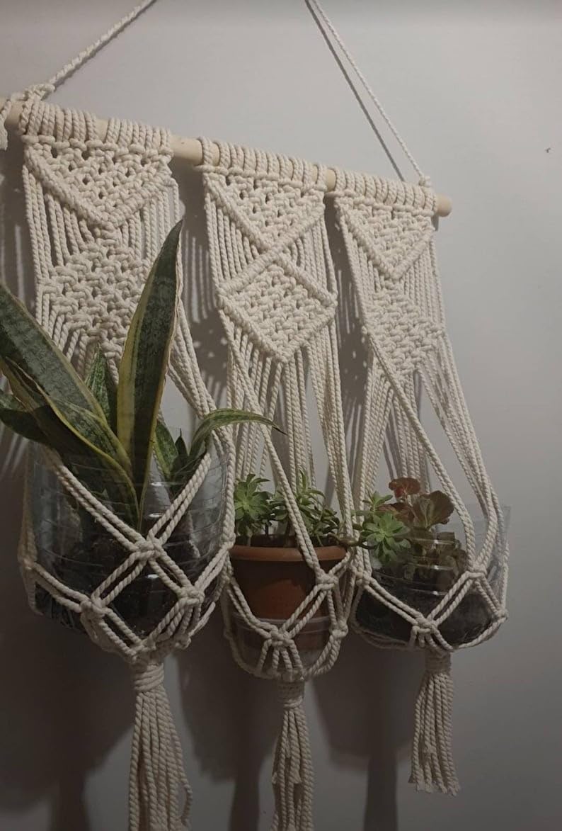 Triple Macrame Plant Hanger - Boho Hanging Wall Planter - Indoor Decor-2