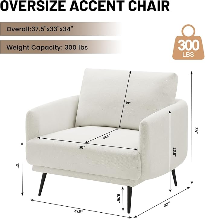 Oversized Accent Chair Set of 2 for Living Room Chairs Reading Arm Chair Comfy Modern Single Sofa Side Chairs with Metal Legs & Soft Cushion for Bedroom, Balcony,Waiting Room (Polyester, Pearl White)