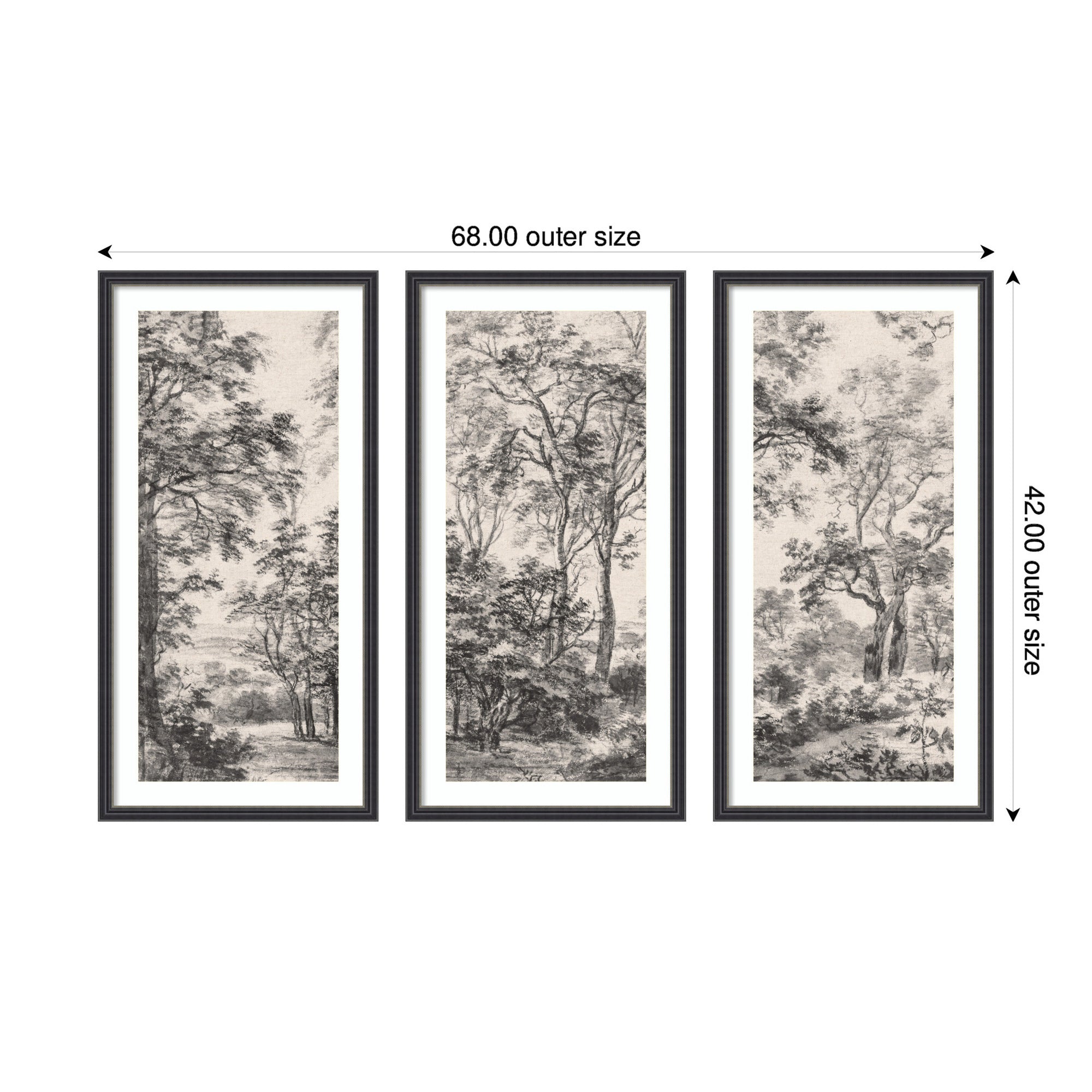 Wooded Landscape after 1648 Antonie Waterloo Linen Panel 3 Piece Framed Wall Art Print Set by Nostalgia Prints