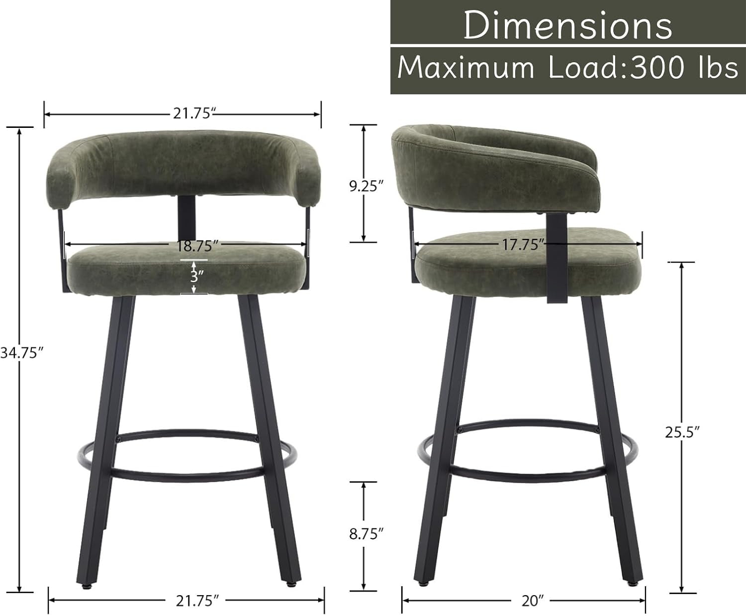 Green Leather Counter Height Bar Stools Set Of 4 With Backs 25 Inch