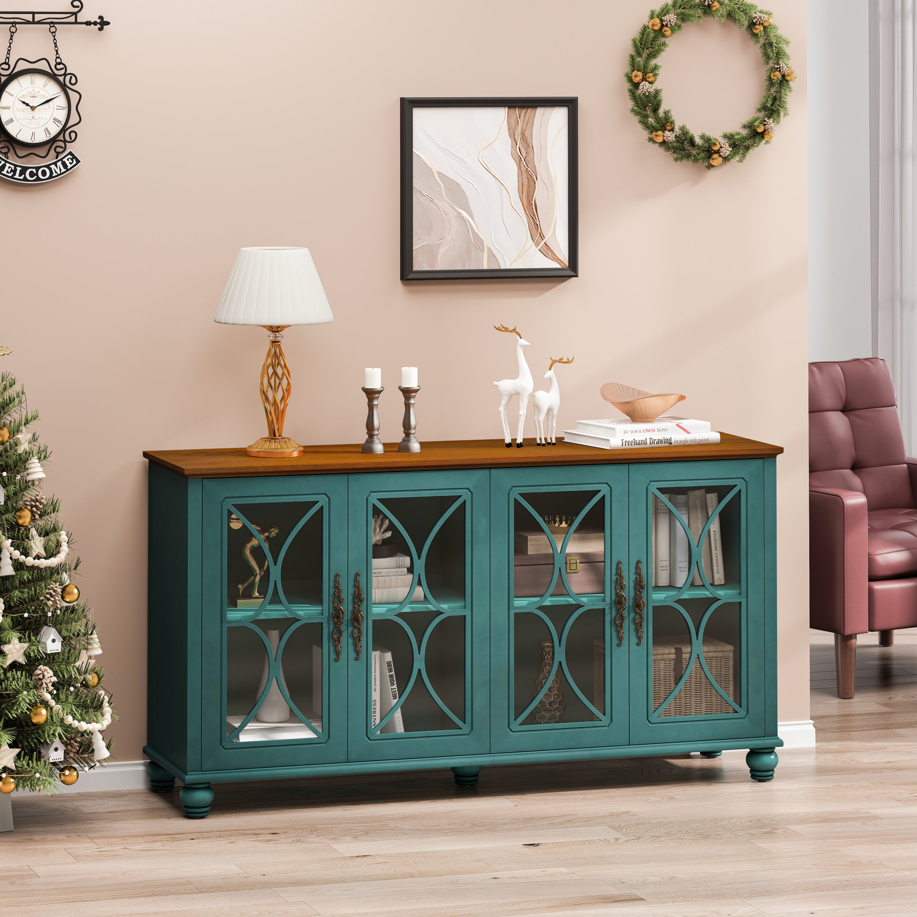 Elegant European Antique Style 4-Door Cabinet with Tempered Glass Doors
