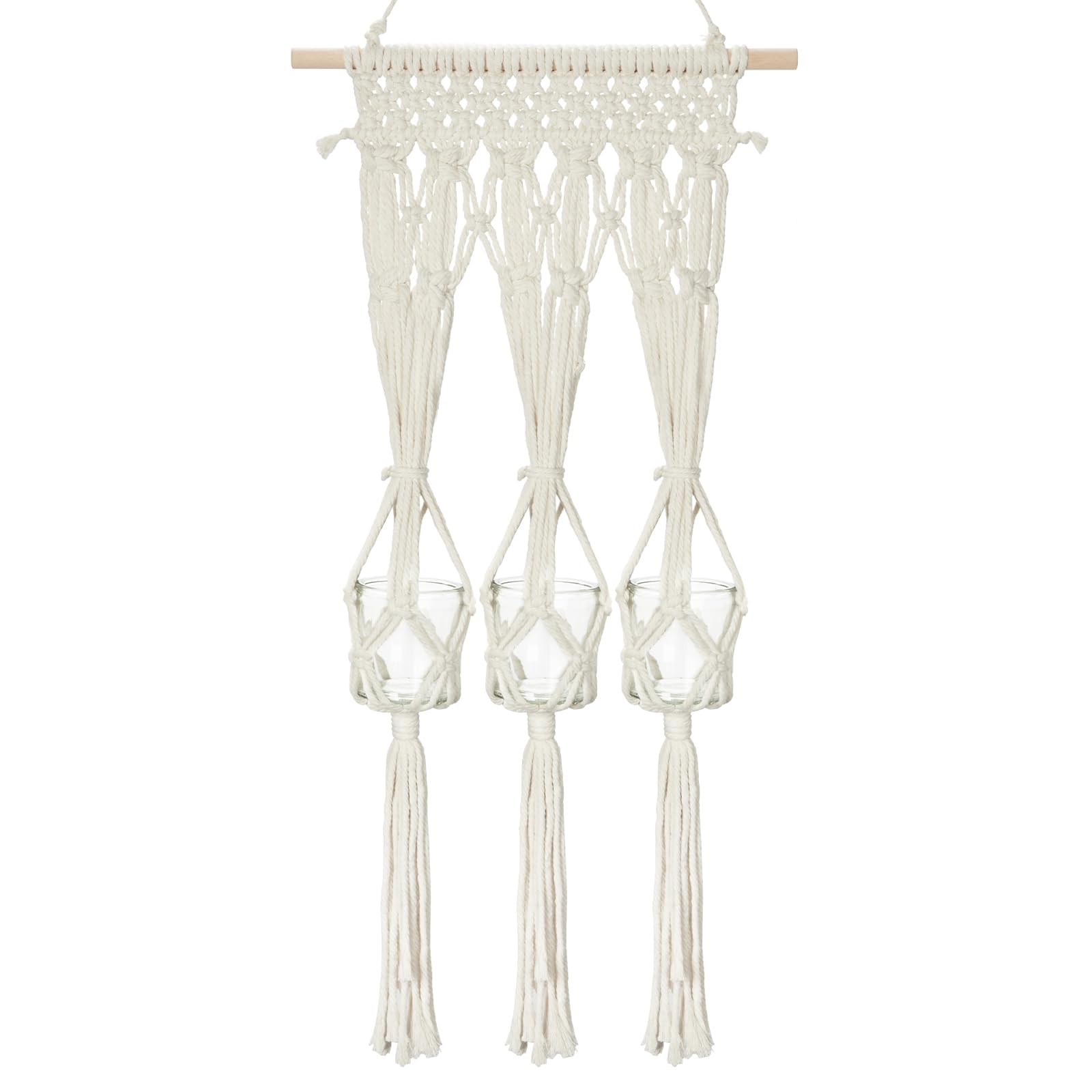 Briful Macrame Wall Hanging Shelf Cream-White with 3 Glass Vases Boho Decor