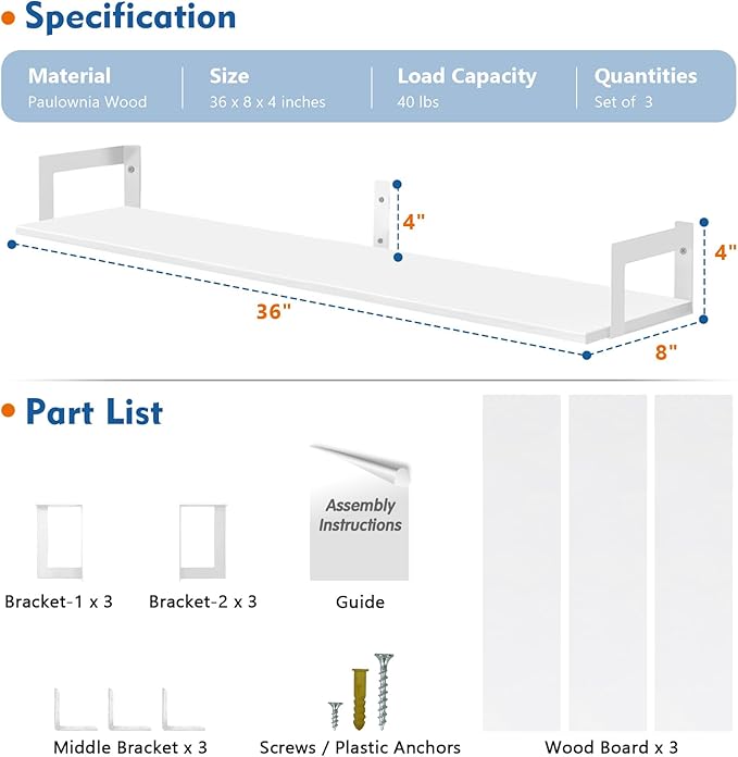 White Floating Book Shelves for Wall, 36 Inch Wall Bookshelf for Kids Bedroom, Large Deep Hanging Shelves with Metal Brackets for Living Room Office Décor Indoor Plants (3-Pack)
