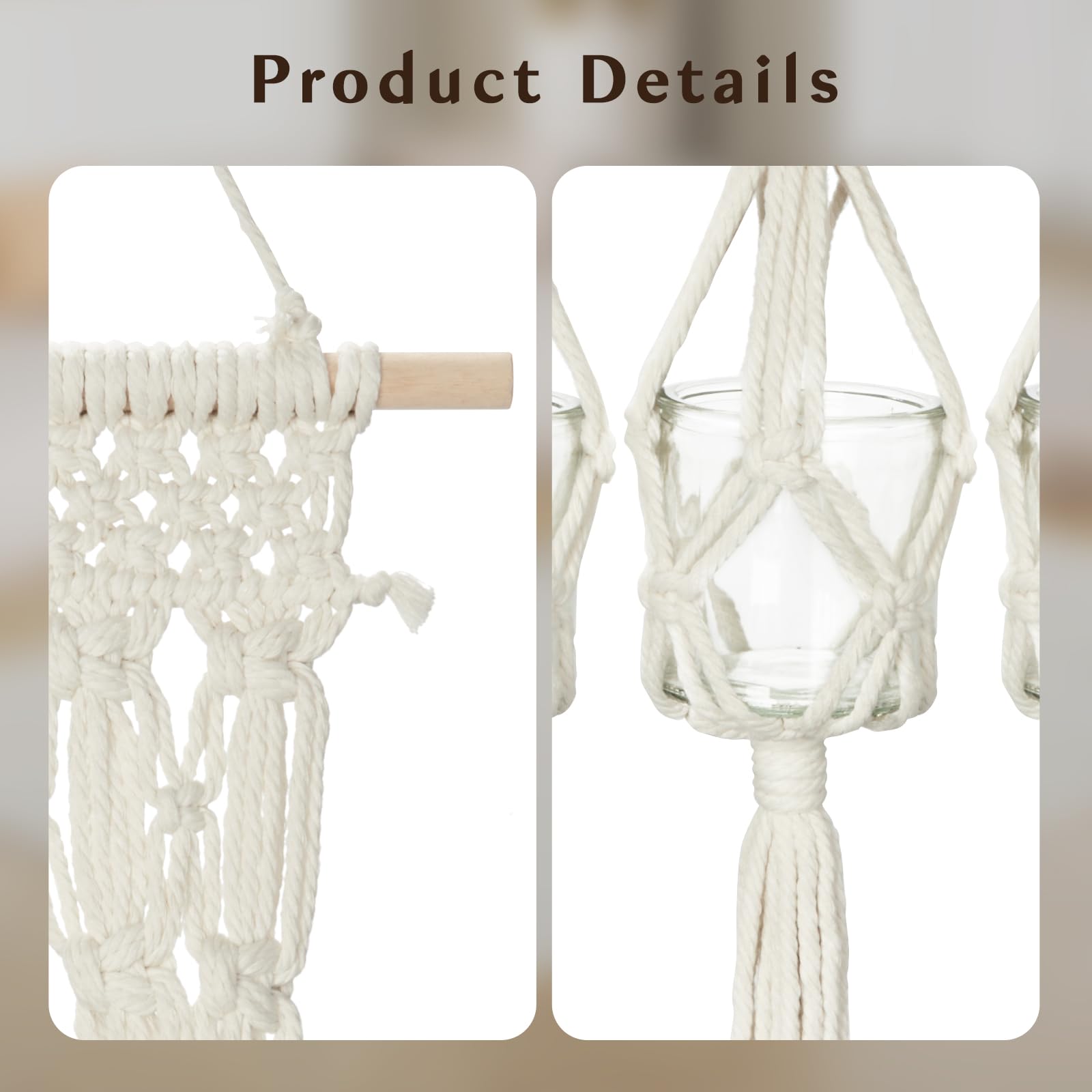 Briful Macrame Wall Hanging Shelf Cream-White with 3 Glass Vases Boho Decor