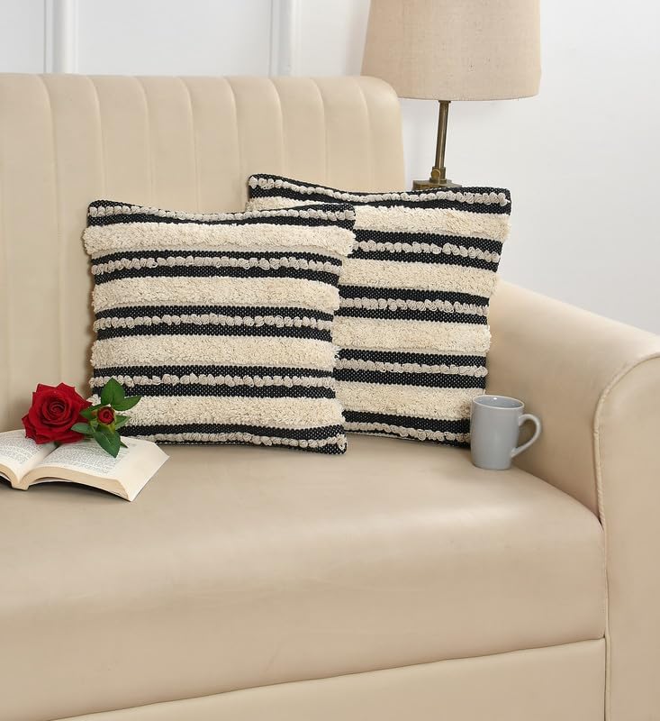Black & White Striped Cushion Cover | Textured Cotton | 40x40cm | Modern Home Decor-1