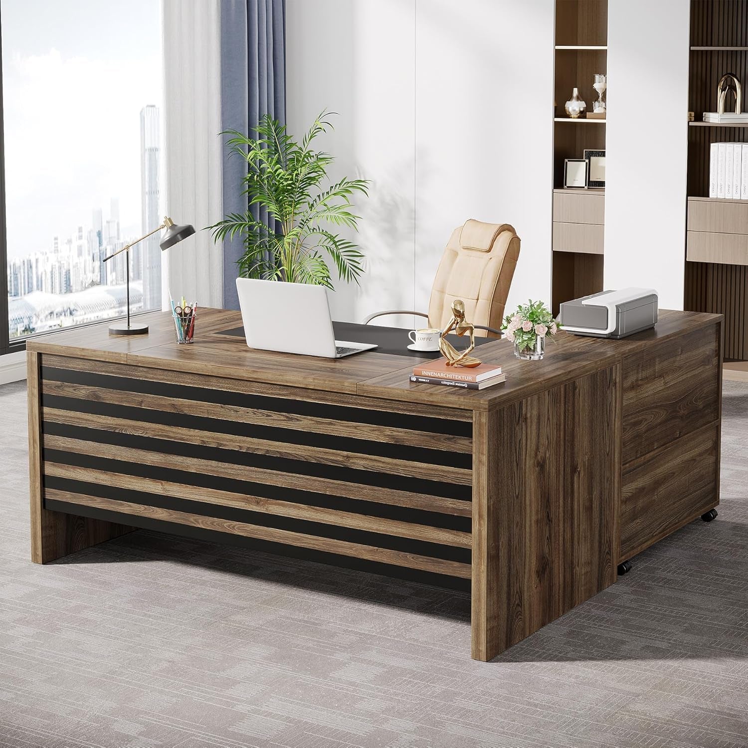 62.2 Inch L Shaped Desk With Mobile File Cabinet Brown