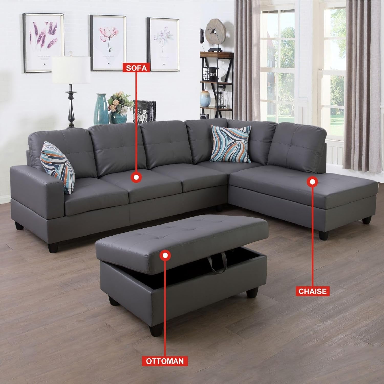 Dark Grey L Shaped PU Leather Sofa With Storage Ottoman