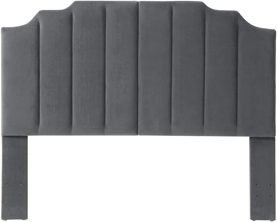 Dark Gray Velvet Tufted Queen Headboard with Curved Design