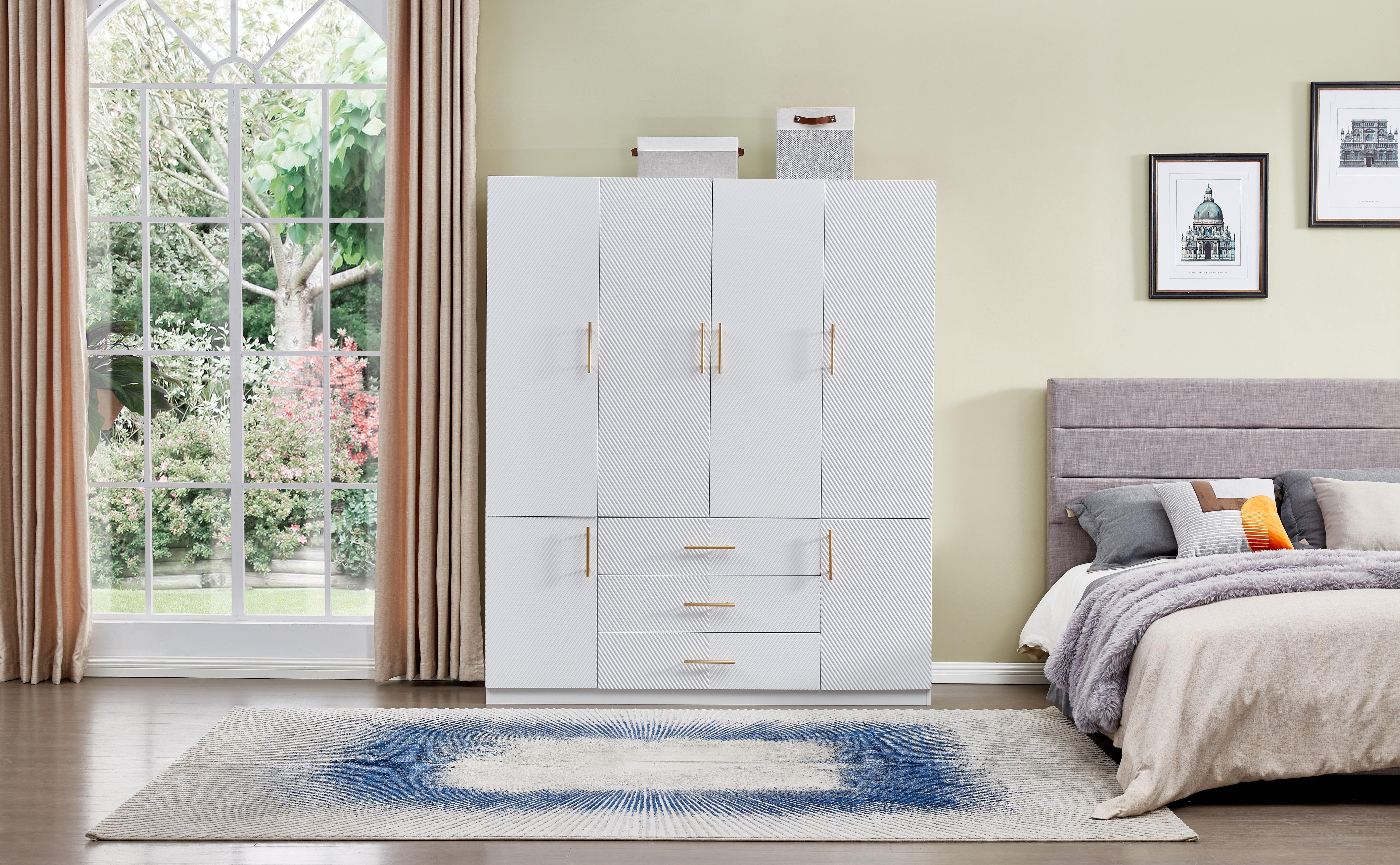 74.2" Tall White Wardrobe Closet with 4 Doors, 3 Drawers, Shelves & Hanging Rod – Freestanding Storage Cabinet for Bedroom or Bathroom Clothes Organization - PRHOMZ